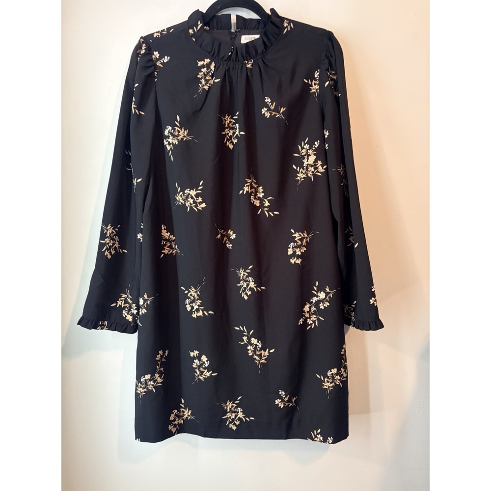 J‎ Crew Black Floral Shift Dress Womens Size 8 Long Sleeve Ruffle Neck Mini